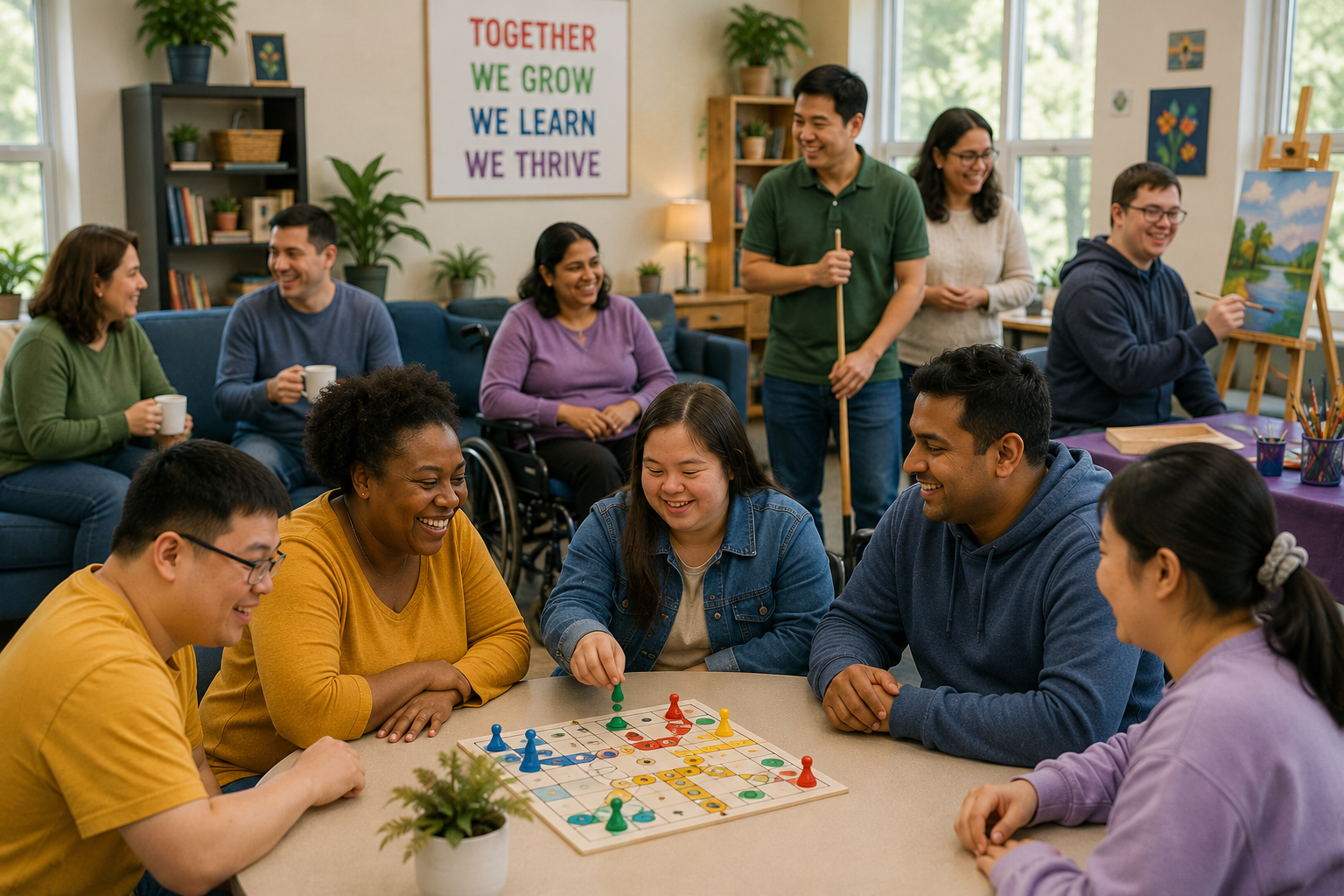 Community members playing a board game together