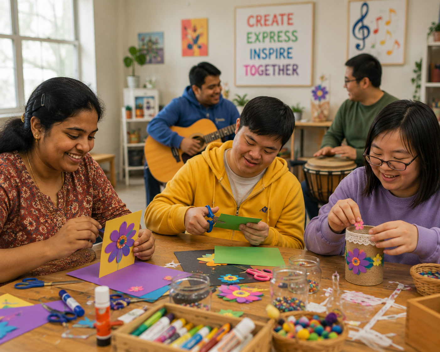 Adults engaged in arts and crafts