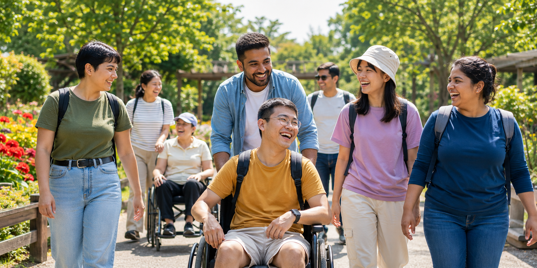 Adults of differing abilities walking together outdoors